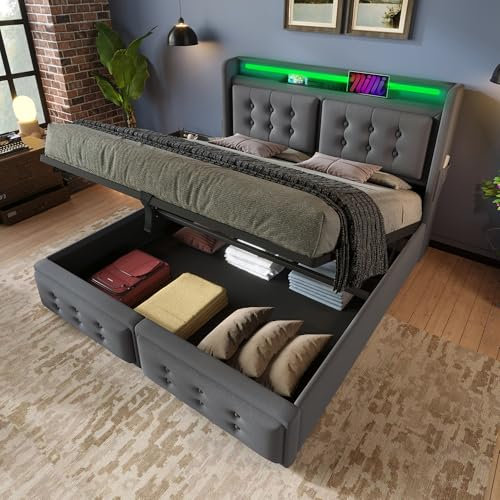 Merax Doppelbett Polsterbett 180x200cm, Hydraulisch Funktionsbett mit Stauraum, LED Gepolstertes Kopfteil mit Ladefunktion, Jugendbett Bettgestell mit Lattenrost, Baumwolle, Ohne Matratze, Grau