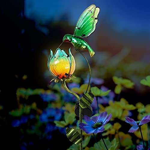 TERESA'S COLLECTIONS Solar-Außenleuchte aus Glas, Blume, Vogel, Weg, Gartendekoration, 104 cm, Tulpe und Kolibri, dekorative Metallpfähle, Hofkunst für Rasen, Terrasse, Veranda, Dekorationen,