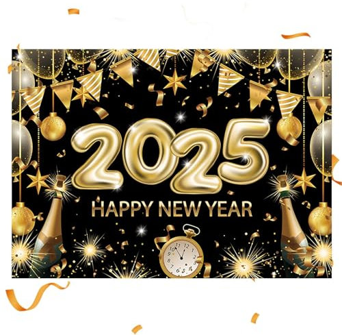 Lnhgh Frohes Neues Jahr Banner 2025, Neujahrsbanner 2025 | 6,88 x 4,92 Fuß Schwarz-Gold-Frohes Neues Jahr-Hintergrund,Versammlungs-Layout, Foto-Dekoration, festliche Mitbringsel für