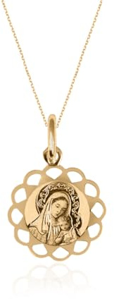 Sakrami Gold 9Kt Child's Necklace mit Madonna und Baby Jesus in Blumenform Kids Collection + Personalisierte Geschenk-Box - Armband für Geburt Kommunion Taufe oder Konfirmation