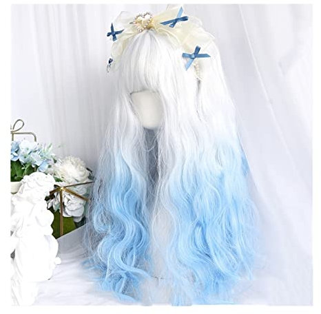 Perücken HOUYAN Synthetik Langes Lockiges Haar Welle Silber Weiß Blau Farbverlauf Cosplay Lolita Perücke Weiblich Hochtemperaturbeständiges Synthetik Haarersatzperücken