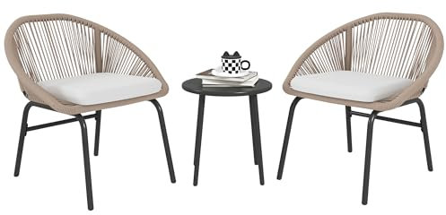 Outsunny Ensemble Salon de Jardin 3 pièces pour 2 Personnes avec Coussins d'assise Moelleux avec Corde en résine tressée et Acier époxy Kaki