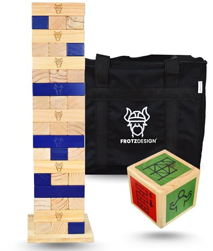 FrotzDesign® Wackelturm Extreme | Neues XXL Riesen- Stapelturmspiel mit Würfel & Tasche 81-150cm hoch – Outdoor Spielzeug für Garten | Outdoor Spiele für Kinder Gesellschaftsspiele Stapelsteine