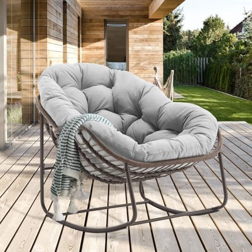 LIFEISLE Schaukelstuhl für drinnen & draußen, Wasserdicht Rattan Loungesessel mit gepolsterung, Ei-Schaukelstuhl für Wohnzimmer Balkon Garten Outdoor Hellgrau