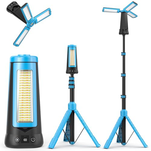Adewalk 15000 mAh Lampada da Campeggio LED Ricaricabile, 5500LM Lampada da Lavoro con Treppiede, Dimmerabile, Impermeabile IP65, Faretto da Costruzione con 3 Teste per Garage Studio Cantieri(blu)