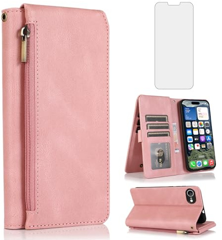 Compatible with iPhone 16e/SE 2025/SE 4 Wallet Case Tempered Glass Screen Protector and Zipper Retro Leather Flip Cover Card Holder Stand for i Phone16e i16e 16 e SE4 4th Generation 16eCase Rose Gold