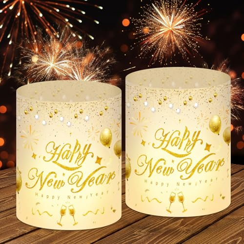 12 Stück Windlicht Tischdeko Silvester, Windlicht Silvester Deko 2027, Neujahr Windlichter Tischdeko, Silvesterdeko Party Set, Happy New Year Deko 2027, Geeignet für Teelichter oder Kerzen