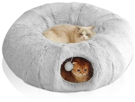 KBIBCK Katzentunnel Rund, Großer Katzentunnel mit Zwei Eingängen Katzenhöhle, Katzen Donut mit Katzenbett, Klappbar Katzen Tunnel mit Fellknäuel, Interaktives katzenspielzeug für Indoor Katze(85×26CM)