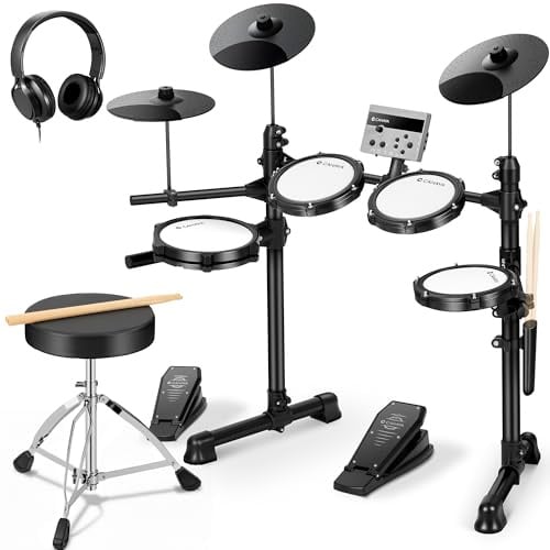 CAHAYA Batería Electrónica para Principiantes – Kit de Batería Portátil con 150 Sonidos, 15 Kits, 2 Pedales, 2 Baquetas, Auriculares, Taburete, Compatible USB/MIDI para Niños y Adultos