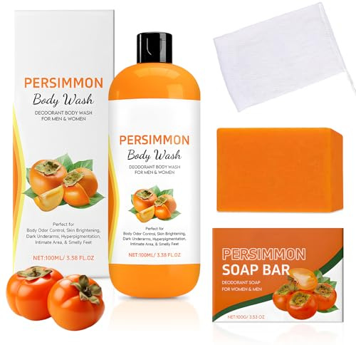 3Pcs Persimmon Soap & Body Wash Set - Natural Deodorant Shower Gel & Cleansing Bar for Men or Women Body Odor Control, Shower Kit with Soap Bag for Cleaning Skin and Refreshing Smell (100ml + 100g)