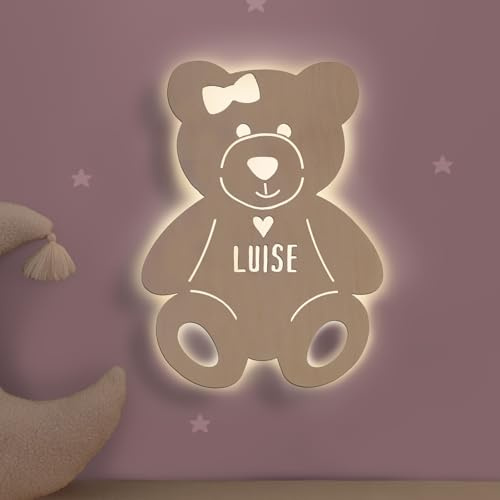 hellomini Personalisierbares LED-Nachtlicht mit Name für Kinder & Babys | Holz-Wandlampe | Schlummerlicht mit Motivwahl – Geschenk zur Geburt & Taufe (Theo der Teddy)
