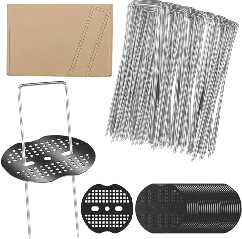 50 Stücke Heringe Erdnägel Stabil, 50 U-förmige Erdhaken + 50 Unterlegscheiben, Erdanker Bodenanker, Unkrautvlies Haken Set für Garten, Rasenkanten, Gemüsebeet & Rohrbefestigung (150x40mm, Ø2,5mm)