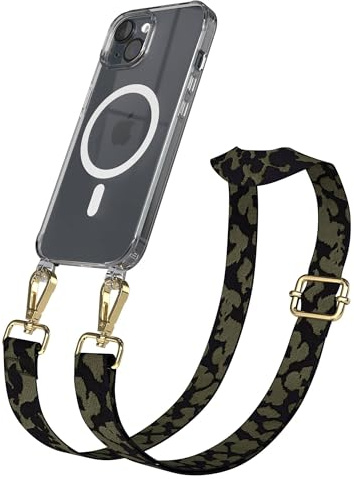 EAZY CASE Handykette - Verstellbares Taschenband kompatibel mit iPhone 15, Schulterriemen, Handykordel mit Silikon Hülle, Qi Charging kompatibel, Umhängetasche, Dunkelgrün Camouflage Gold