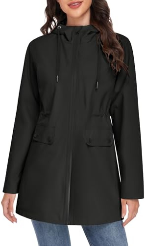 Yuson Girl Abrigo Entretiempo Mujer Largo Elegante Chaqueta Primavera Ligero Abrigo Cortavientos Parka con Capucha y Cordón Casual Cazadora para Primavera, Verano y Otoño(Negro, XL)