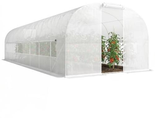 Outsunny Serre Tunnel de Jardin 24m² Acier Galvanisé 295x798x198cm Blanc | Serre de Jardin Tunnel, Portes, 2 Grandes Fenêtres, Bâche PE Haute Densité 140 g/m² Prolongée de 20 cm