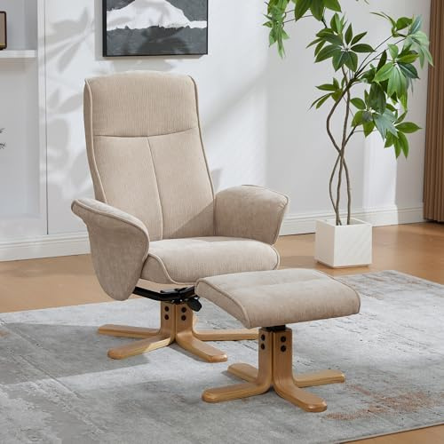 staronce Relaxsessel mit Hocker 360° drehbar, gepolsterter Drehsessel aus Chenille-Stoff, verstellbare Rückenlehne 145°, Massivholzfuß, bequemer Fernsehsessel für Wohnzimmer, Taupe