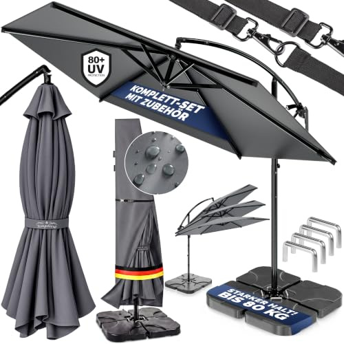 Casaria® Ampelschirm 300 cm Komplettset inkl. 4 Gewichte & Schutzhülle - Garten Sonnenschirm UV 80+ neigbar schwenkbar mit Kurbel rund Anthrazit