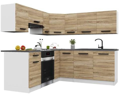 Belini Italia 6 Eckküche Küchenblock 360cm Sonoma Eiche | Küchenset als Eckküche, weiße Korpusse, DECOR ECONATURA Material, kratzfest, ohne Elektrogeräte, mit Arbeitsplatte
