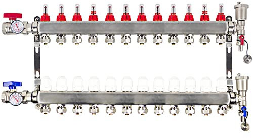 AB PEX/Strahlungskrümmer mit 12 Schlaufen, 1,27 cm (1/2 Zoll) kompatible Ausgänge, bis zu 1,4 GPM Durchflussventil für hydronische Fußbodenheizung (1,27 cm Anschlüsse im Lieferumfang enthalten)