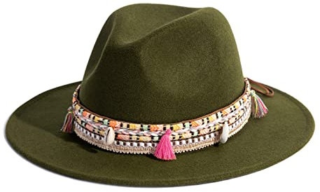 Damen Filzhut Fedora Hut breite Krempe Panama Hüte mit Quaste - Grün - Einheitsgröße