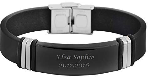 Hanessa Personalisiertes Armband mit Gravur für Männer und Frauen Edelstahl Leder schwarz silber Länge 22 cm | Personalisierte Armbänder mit Namen Herren Damen