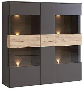 Meubletmoi - Armario vitrina de 3 puertas, bicolor madera clara y gris – Diseño contemporáneo – Colección Marbella