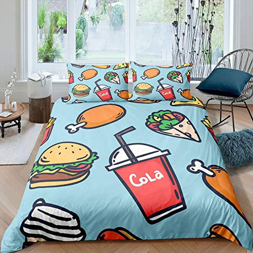 Mintgrüner Koch Bettwäsche-Set Drumsticks Coke Burger Bettwäsche Set 155x220cm Cartoon Huhn Betten Set für Kinder Jungen Mädchen Teenager 2St.Reißverschluss Mikrofaser