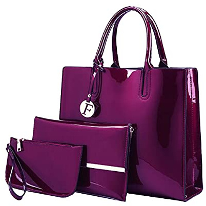 NIYUTA Borse a mano donna moda Pelle verniciata Borse a tracolla Alta capacità Set 3 pezzi Borse a spalla Dark purple