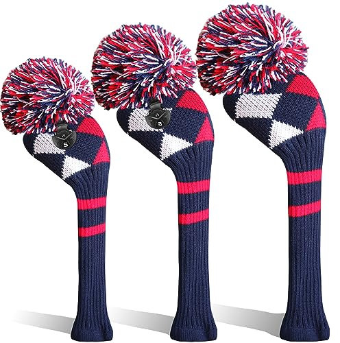 Copritesta per mazza da golf in legno per fairway ibrido, 3 pezzi, con pompon, numero 1, 3, 5, per uomini, donne, bambini, antirughe, lavabili, morbidi, portatili, colore: blu, rosso (blu/rosso)