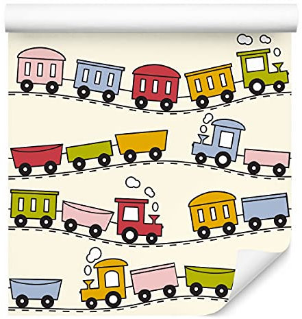 Muralo Vlies Tapete 10m Tapeten Rollen Kinder Bunte Eisenbahn Züge Gleise XXL Vliestapete 1000 x 53cm Wand Tapete Kinderzimmer Kinderstube Moderne Wanddeko Wand Dekoration