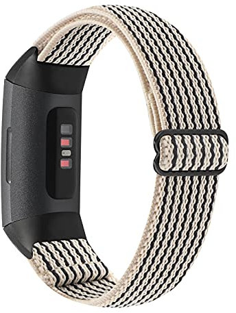 YONWORTH Verstellbares elastisches Nylon-Uhrenarmband kompatibel mit Fitbit Charge 4/Charge 3/SE Bänder, Stretch, Schlaufenband, weiches Ersatzarmband für Damen und Herren (Beige gestreift)