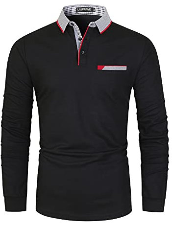 LIUPMWE Mens Long Sleeve Polo Shirts Contrasting Premium Cotton Casual Golf Tennis T-Shirt M-3XL,L,Black-27