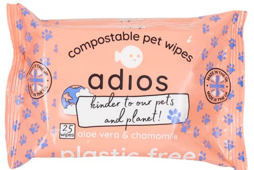 Adios - Compostable Grooming Wipes for Dogs, 100 Count (4x25) - Plant-Based Pet Wipes with Aloe Vera and Chamomile - Hypoallergenic, Plastic-Free, Certified Compostable - Made in the UK