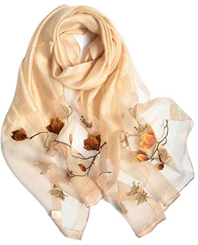 AIEOE Seidenschals für Frauen mit Blumenstickerei und Orientalischen Mustern Elegant und Leicht Lang Chiffon Champagner