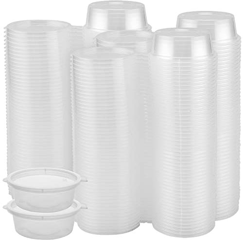 MUKLEI 250 PCS 2oz Sauce Pots with Hinged Lids, Round Small Deli Pots, Plastic Sauce Tubs Clear Food Containers with Lids for Restaurant Takeaways, Chutney, Ketchup, Crafts Storage