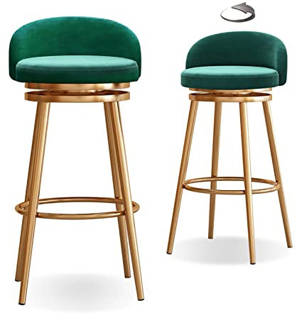 Knjlwa 2er Set Barstuhl, 360° drehbar Barhocker, Tresenhocker Bistrohocker Hocker mit Lehne und Fußstütze aus Samt Küchenstuhl mit Gold Metallgestell sitzhöhe 65 cm Grün Sitz
