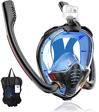 BOKEFA Maschera Snorkeling Integrale con Supporto per Fotocamera, Maschera Subacquea HD Panoramica a 180 Gradi, Set Dry Top Anti-Perdite per Adulti e Bambini (L/XL, Nero Blu)