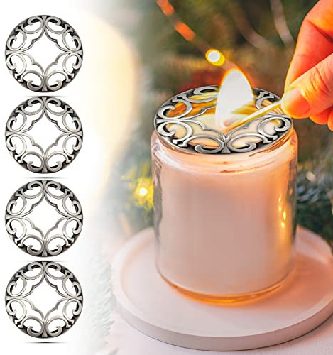 Hion,Set di 4 decorazioni per candele profumate, in pino foglio, per candele e barattoli di candele, barattoli, coperchio per candele e aiuta a sciogliere uniformemente lo spazio argento