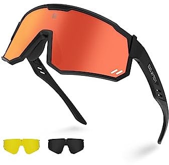 Excoutsty Polarisierte Sport-Sonnenbrille für Herren und Damen, UV400, winddicht, Radsport-Sonnenbrille mit 3 austauschbaren Gläsern (Black Red)
