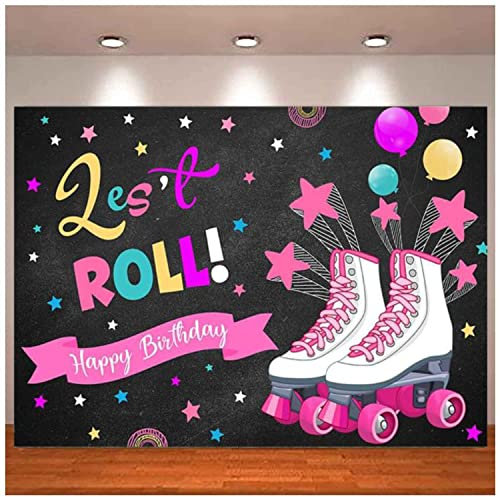 Let's Roll Mädchen Geburtstag Fotografie Hintergrund Rosa Stern Ballon Party Dekoration Zubehör Rollschuh Neon Hintergrund Banner 210X150cm
