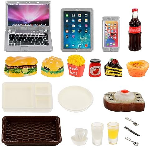 simarro 21 Stück Puppenhaus Miniatur Laptop Computer Tablet Spielzeug Telefon Pad und Hamburger Pommes Cola Fast Food Kuchen Kaffeesaft Passend für Puppe Zubehör Skala Puppenhaus Playsets