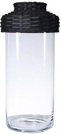 INNA-Glas Glas Vase JINTANA mit Rattan Haube oder Fuß, klar-schwarz, 45 cm, Ø 18,5 cm - Vase transparent