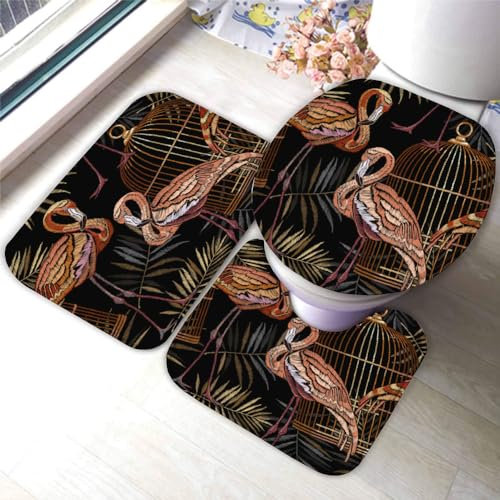 DUIFUN Badezimmer Badematte 3 Teilig Set Flamingo 3D Weichen Mikrofasern Tier Saugfähige Teppich,WC-Deckelbezug,U-Förmige Matte Maschinenwaschbar Badvorleger 40X60