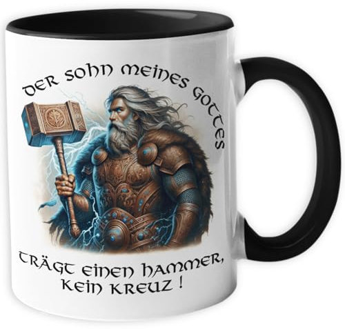 Wikinger Tasse mit Spruch | der Sohn meines Gottes | Keramik Kaffeetasse | Thors Hammer | Metbecher 330 ml