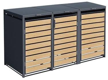 Mülltonnenbox für 3 Tonnen - Holz Look Metall - Mülltonnenverkleidung - Sichtschutz aus Stahl