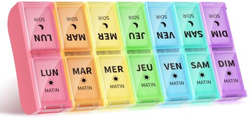 Opret Pilulier Semainier Français Matin et Soir, Petits Pilluliers Amovibles 7 Jours 14 Compartiments Pilulier Hebdomadaire 2 Fois - Multicolore