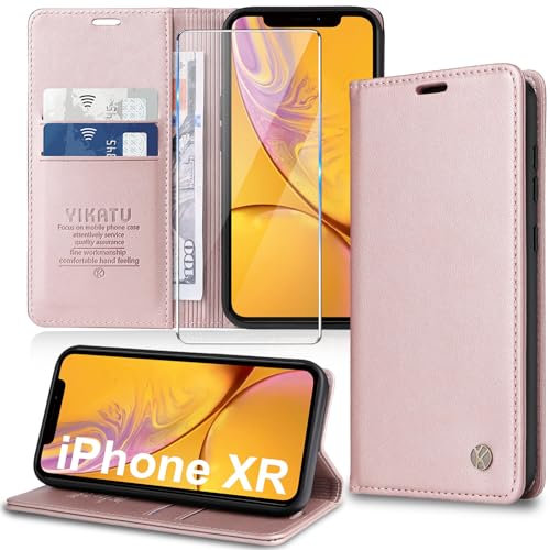 Migexxkj Handyhülle für iPhone XR Hülle [mit Schutzfolie][Premium PU Leder] Klapphülle Kartenfach Magnetic Ständer Flip Case Cover Etui Tasche Schutzhülle für iPhone XR 6.1“ (Pink)