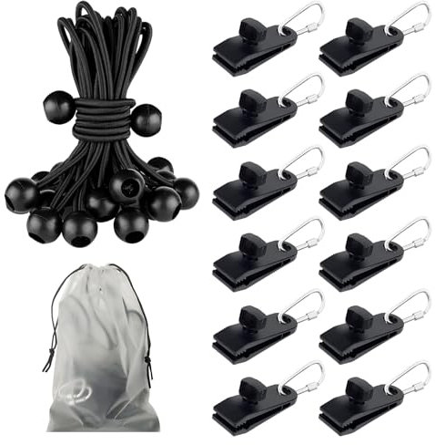 TAIHOBO 37 PCS Tarp Clips Set, Heavy Duty Tarpaulin Clips, Tent Clips Clamps for Camping Tarps, Awnings Canvas Tarp Clamps, Carabiner and Elastic Cord for Outdoor Camping Caravan Shade Boat Pool Cover