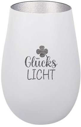 Der-Porzellan-Laden Windlicht mit Gravur GlücksLicht, Weiß Silber, Teelichthalter aus Glas mit Spruch, Tischdeko modern