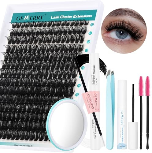 GEMERRY Ciglia Finte Ciuffetti Kit 80D Ciuffi Ciglia 0.07mm D Curl 10-18mm con Bond and Seal Pinzette Rimuovi Colla Ciglia a Grappolo Extension Ciglia kit (80D-0.07D-10-18mm-Set)